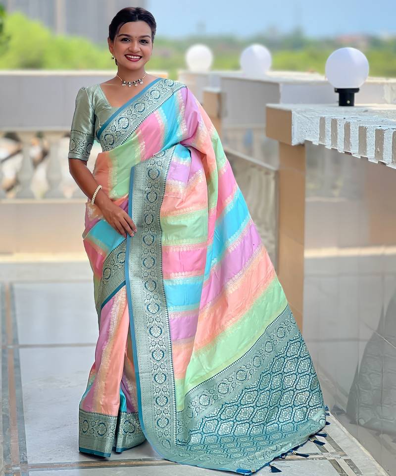 soft litchi art silk fancy jacquard bollywood saree (multi-colour-morpich)