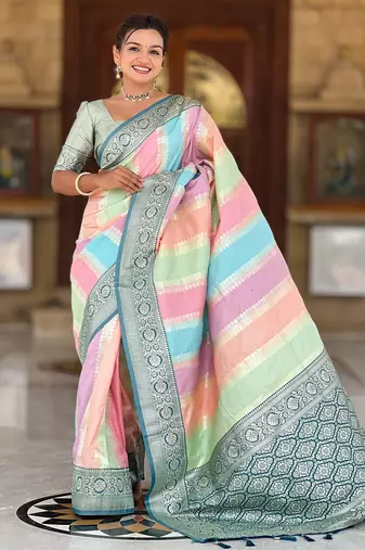 soft litchi art silk fancy jacquard bollywood saree (multi-colour-morpich)