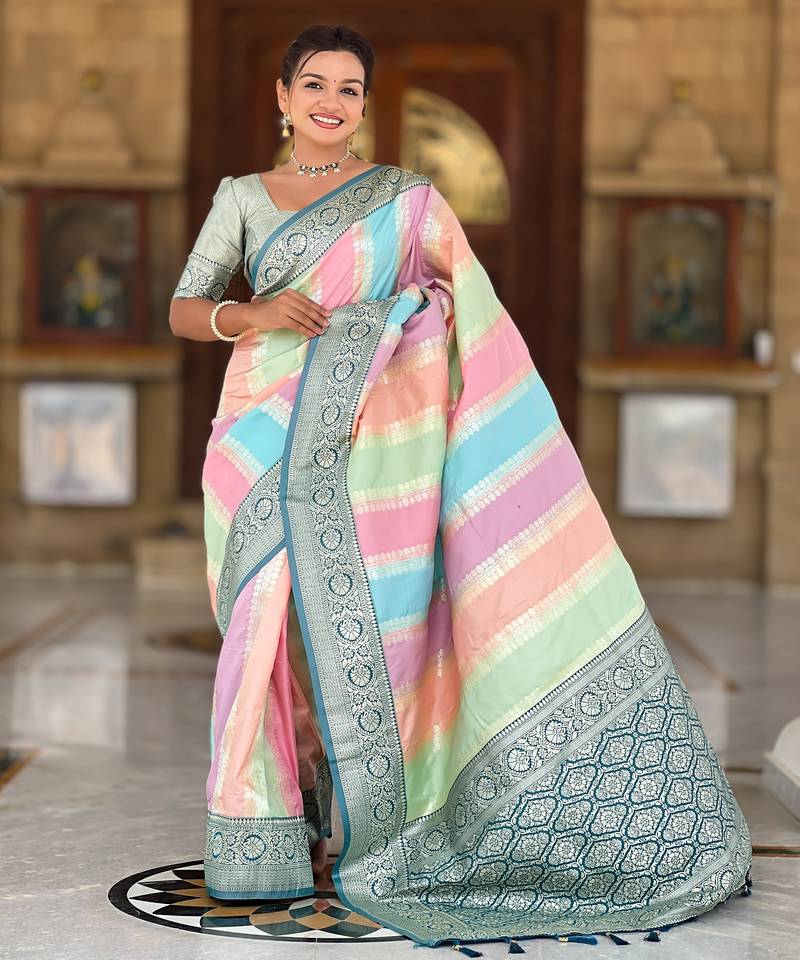 soft litchi art silk fancy jacquard bollywood saree (multi-colour-morpich)
