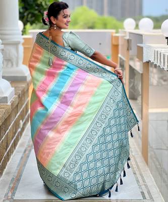 soft litchi art silk fancy jacquard bollywood saree (multi-colour-morpich) 3