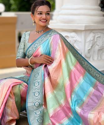 soft litchi art silk fancy jacquard bollywood saree (multi-colour-morpich) 4