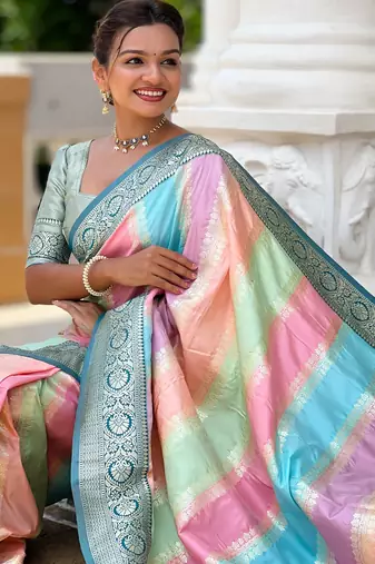 soft litchi art silk fancy jacquard bollywood saree (multi-colour-morpich)