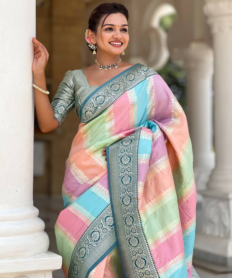 soft litchi art silk fancy jacquard bollywood saree (multi-colour-morpich)