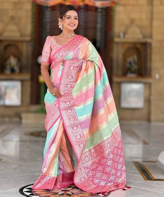 soft litchi art silk fancy jacquard bollywood saree (multi-colour-pink) 2