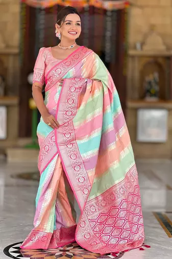 soft litchi art silk fancy jacquard bollywood saree (multi-colour-pink)