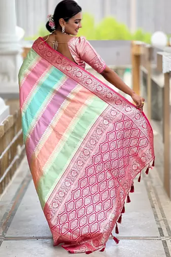 soft litchi art silk fancy jacquard bollywood saree (multi-colour-pink)