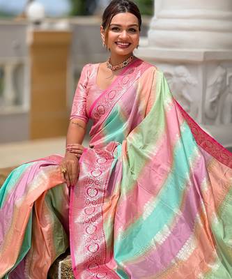 soft litchi art silk fancy jacquard bollywood saree (multi-colour-pink) 4