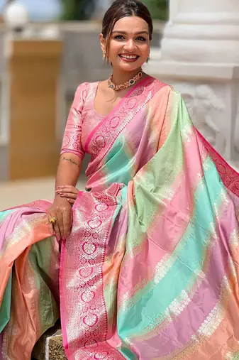 soft litchi art silk fancy jacquard bollywood saree (multi-colour-pink)