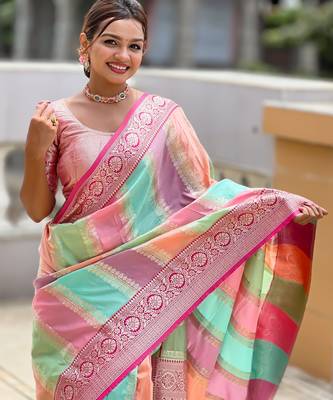 soft litchi art silk fancy jacquard bollywood saree (multi-colour-pink) 5