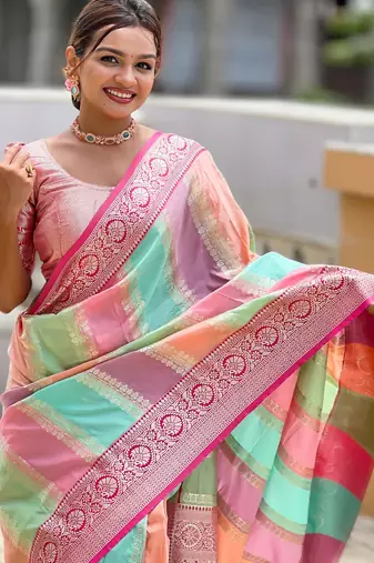 soft litchi art silk fancy jacquard bollywood saree (multi-colour-pink)