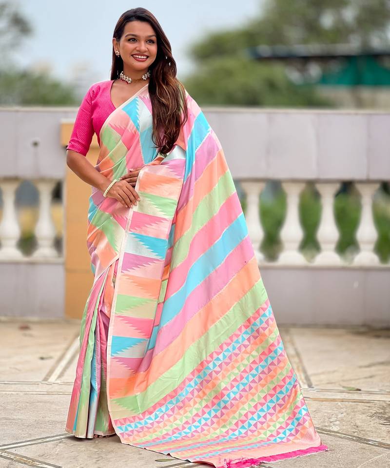 soft litchi art silk fancy jacquard bollywood saree (multi-temple-pink)