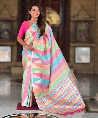 soft litchi art silk fancy jacquard bollywood saree (multi-temple-pink) 2