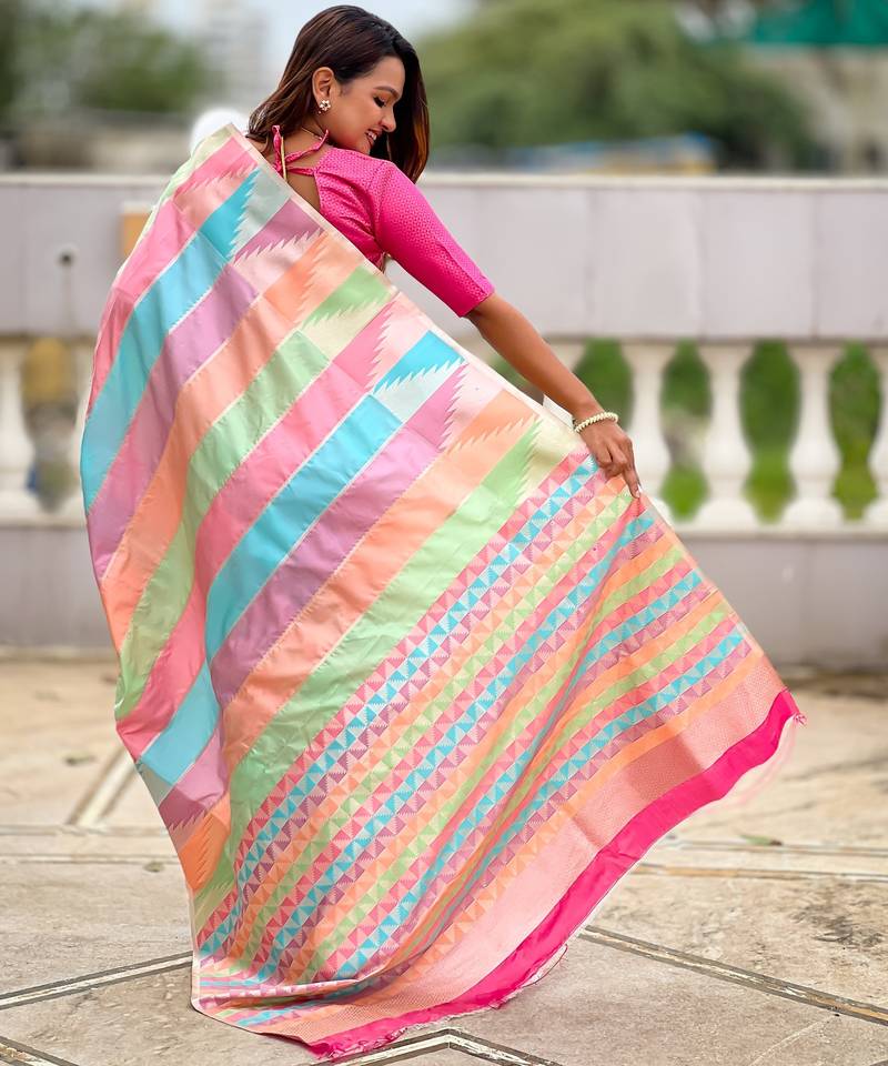soft litchi art silk fancy jacquard bollywood saree (multi-temple-pink)