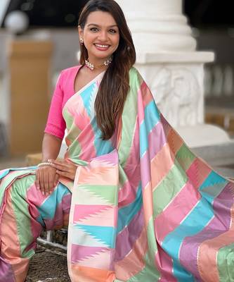 soft litchi art silk fancy jacquard bollywood saree (multi-temple-pink) 4