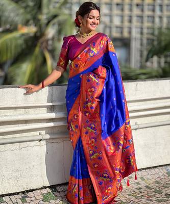 soft litchi art silk paithani jacquard saree (neeta-blue) 2