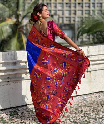 soft litchi art silk paithani jacquard saree (neeta-blue) 3