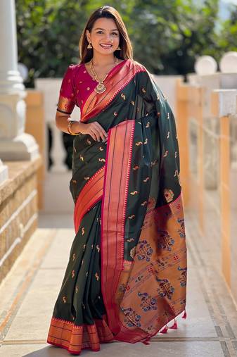 soft litchi art silk paithani jacquard saree (peacock-paithani-b-green)
