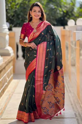 soft litchi art silk paithani jacquard saree (peacock-paithani-b-green)