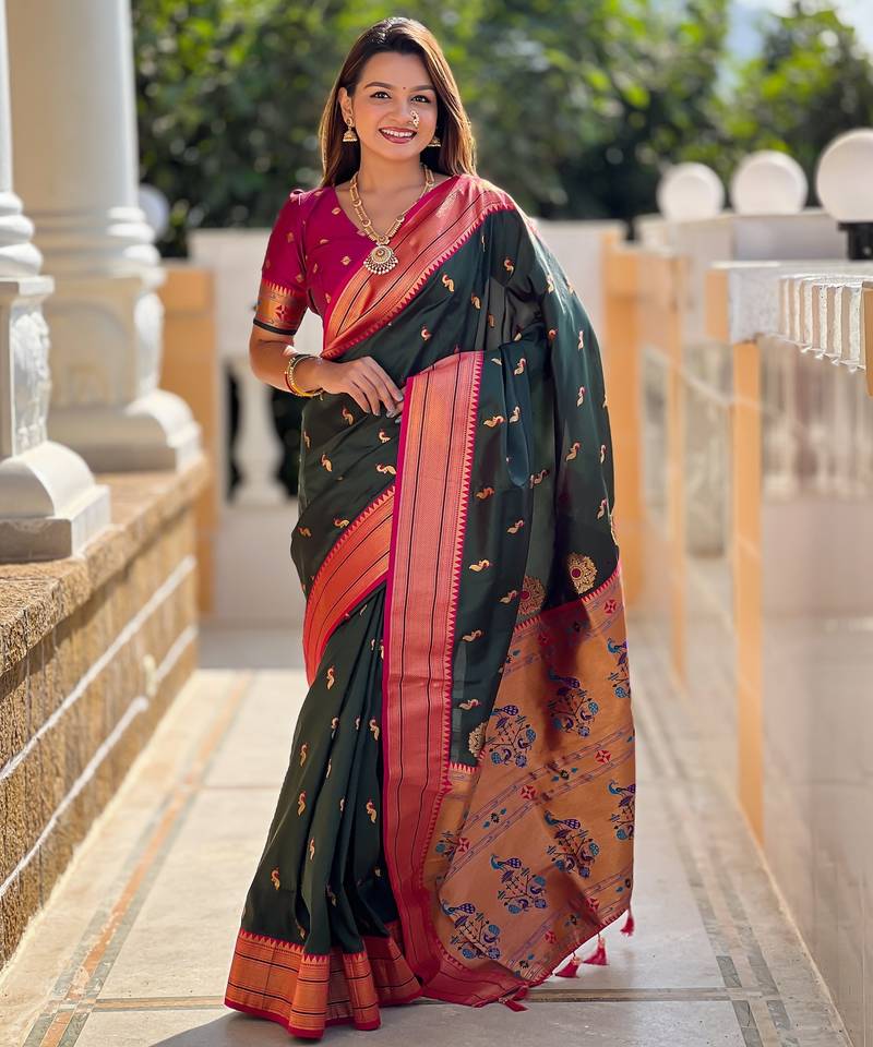 soft litchi art silk paithani jacquard saree (peacock-paithani-b-green)