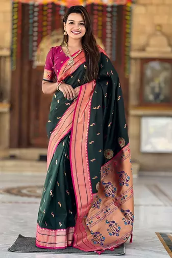 soft litchi art silk paithani jacquard saree (peacock-paithani-b-green)