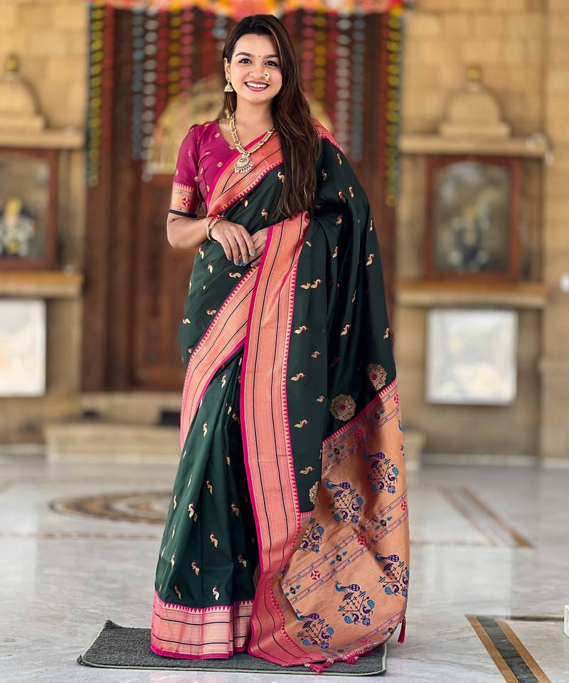 soft litchi art silk paithani jacquard saree (peacock-paithani-b-green)