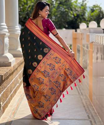 soft litchi art silk paithani jacquard saree (peacock-paithani-b-green) 3