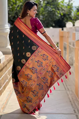 soft litchi art silk paithani jacquard saree (peacock-paithani-b-green)