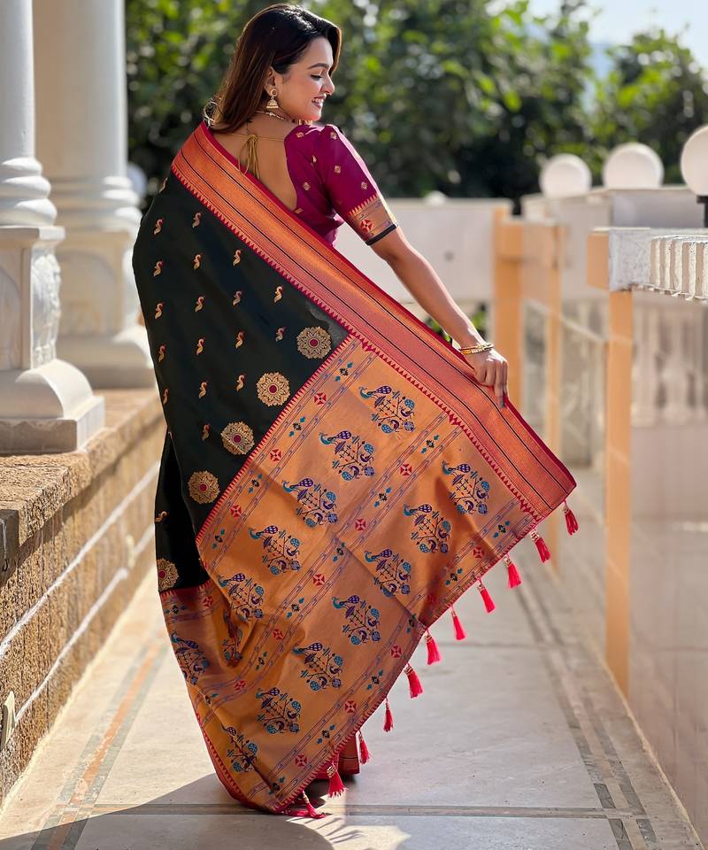 soft litchi art silk paithani jacquard saree (peacock-paithani-b-green)