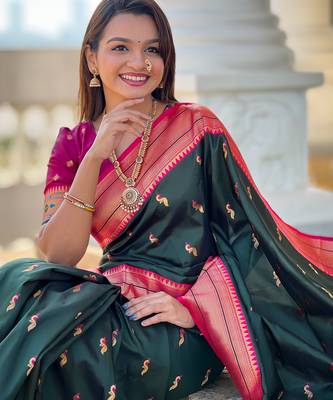 soft litchi art silk paithani jacquard saree (peacock-paithani-b-green) 4