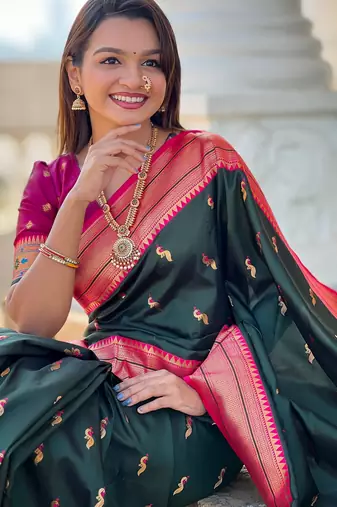 soft litchi art silk paithani jacquard saree (peacock-paithani-b-green)