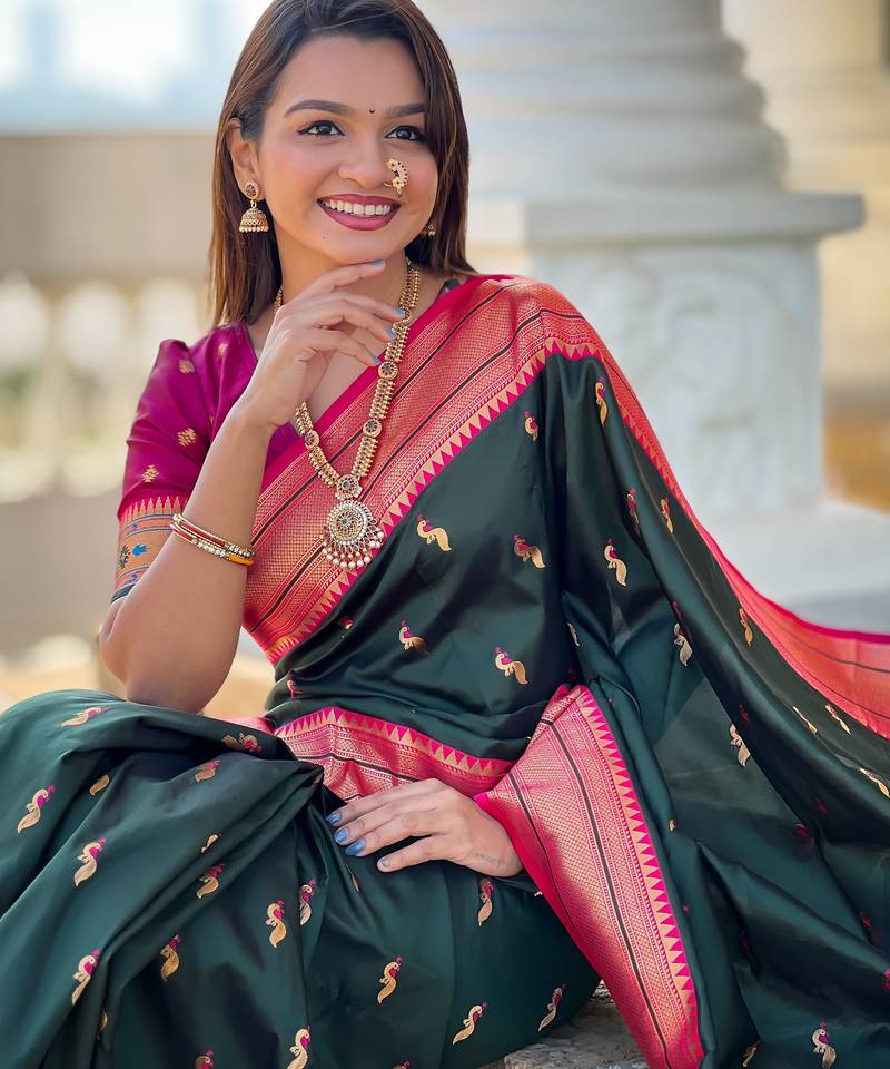 soft litchi art silk paithani jacquard saree (peacock-paithani-b-green)