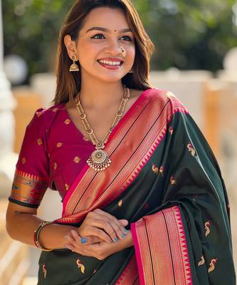 soft litchi art silk paithani jacquard saree (peacock-paithani-b-green) 5