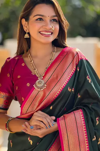 soft litchi art silk paithani jacquard saree (peacock-paithani-b-green)