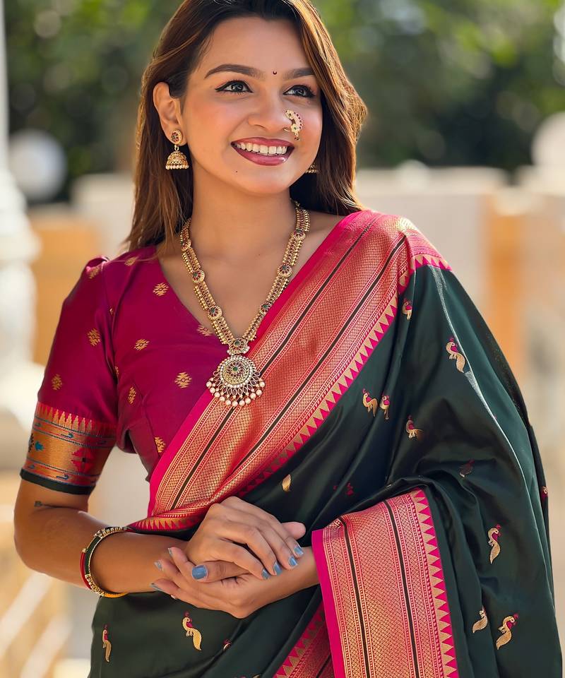 soft litchi art silk paithani jacquard saree (peacock-paithani-b-green)