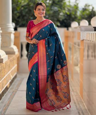 soft litchi art silk paithani jacquard saree (peacock-paithani-morpich) 1