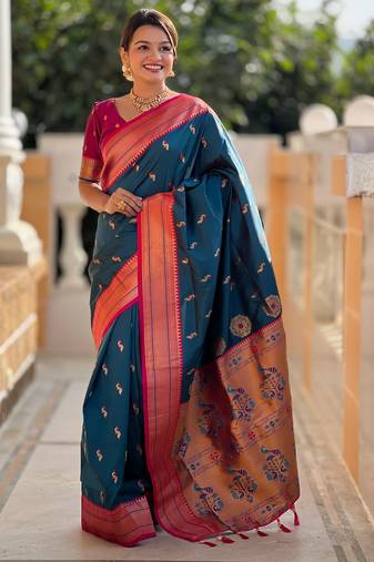 soft litchi art silk paithani jacquard saree (peacock-paithani-morpich)