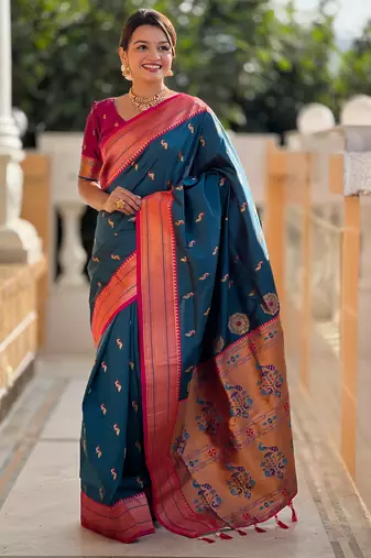 soft litchi art silk paithani jacquard saree (peacock-paithani-morpich)