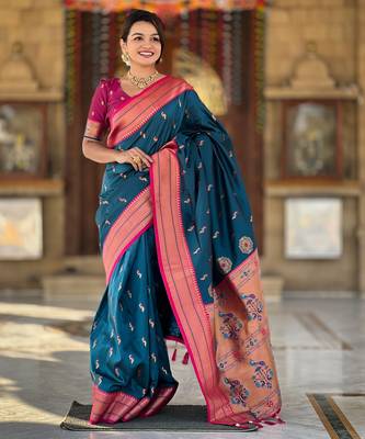 soft litchi art silk paithani jacquard saree (peacock-paithani-morpich) 2