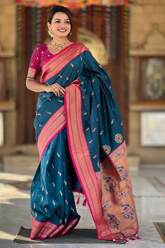 soft litchi art silk paithani jacquard saree (peacock-paithani-morpich)