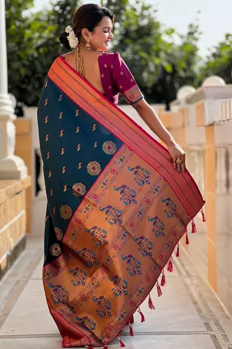soft litchi art silk paithani jacquard saree (peacock-paithani-morpich)