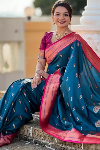 soft litchi art silk paithani jacquard saree (peacock-paithani-morpich)