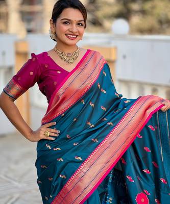soft litchi art silk paithani jacquard saree (peacock-paithani-morpich) 5