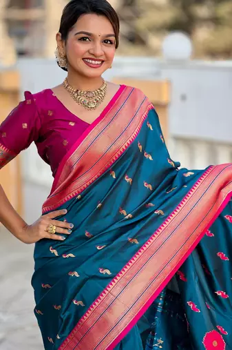 soft litchi art silk paithani jacquard saree (peacock-paithani-morpich)