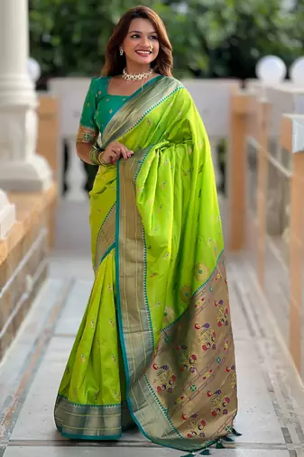 soft litchi art silk paithani jacquard saree (peacock-paithani-parrot)