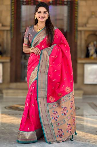 soft litchi art silk paithani jacquard saree (peacock-paithani-pink)