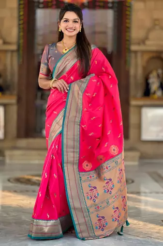 soft litchi art silk paithani jacquard saree (peacock-paithani-pink)