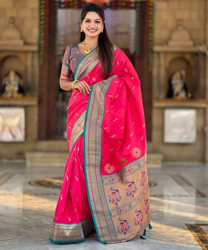 soft litchi art silk paithani jacquard saree (peacock-paithani-pink)
