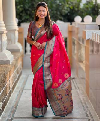 soft litchi art silk paithani jacquard saree (peacock-paithani-pink) 2