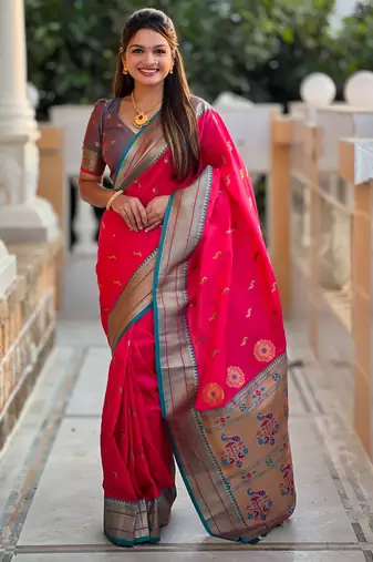 soft litchi art silk paithani jacquard saree (peacock-paithani-pink)