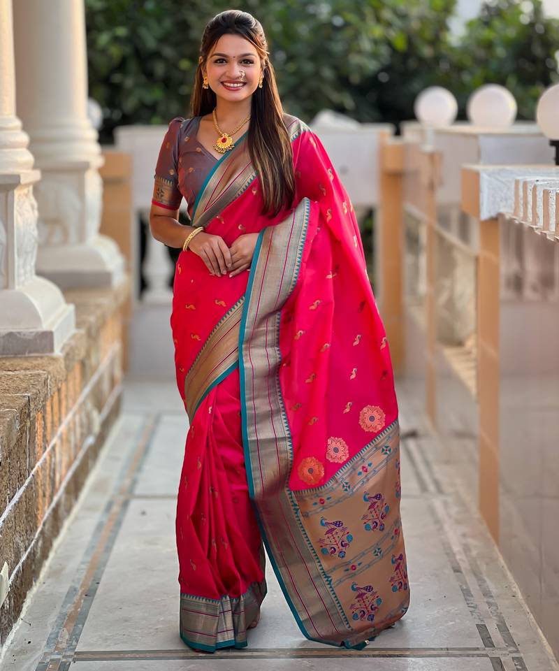 soft litchi art silk paithani jacquard saree (peacock-paithani-pink)
